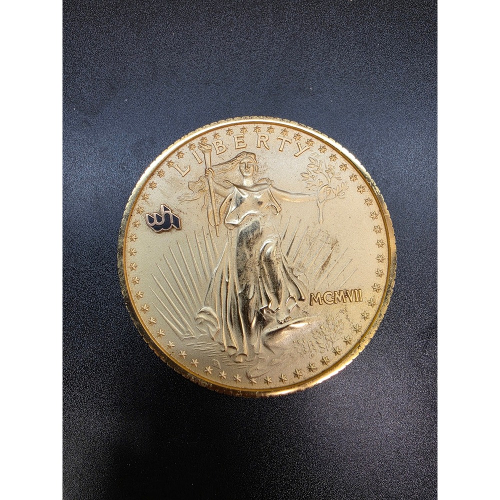 Bulova Gold Coin Stack Desk Clock MCMVII Liberty Eagle Quartz Alarm 4RE713